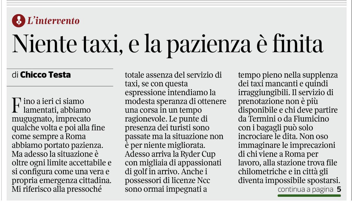 .@chiccotesta “Niente taxi, e la pazienza è finita “ 
via @Corriere @corriereroma 

@Roma @federturismo @MTurismoItalia @RegioneLazio @Turismoromaweb 

#taxi #roma #RyderCup #Expo2030 #turismo