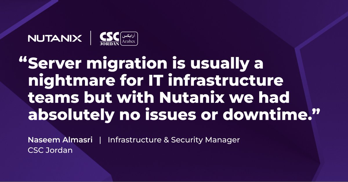 KingNetwor's tweet photo. Eine Servermigration kann sich wie ein Albtraum anfühlen, aber für CSC Jordan war sie ein Traum. Erfahren Sie, wie Nutanix dem Unternehmen zu einer konsistenten Anwendungs-Performance ohne Ausfallzeiten verholfen hat: https://t.co/X0AfVMUM33 #NutanixStories https://t.co/Dwvob0Sr9M