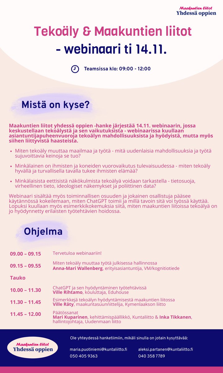 Tätä on hartaasti toivottu! Järjestämme Tekoäly &amp; Maakuntien liitot-webinaarin! Varmista hallintojohtajaltasi, että olet saanut kalenterikutsun. Webinaari toimii samalla hankkeen päätöstilaisuutena. Tervetuloa kuuntelemaan ja kokeilemaan tekoälyä! #yhdessäoppien