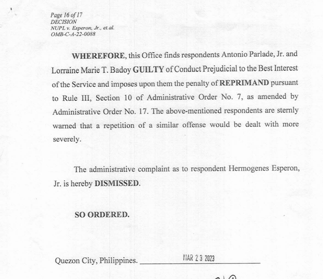 jairojourno's tweet photo. JUST IN. The Ombudsman finds ex-NTF-ELCAC officials Lorraine Badoy and Antonio Parlade, Jr. guilty of conduct prejudicial to the best interest of the service. 

The complaint was filed by the National Union of Peoples' Lawyers. @rapplerdotcom https://t.co/of067scD7p