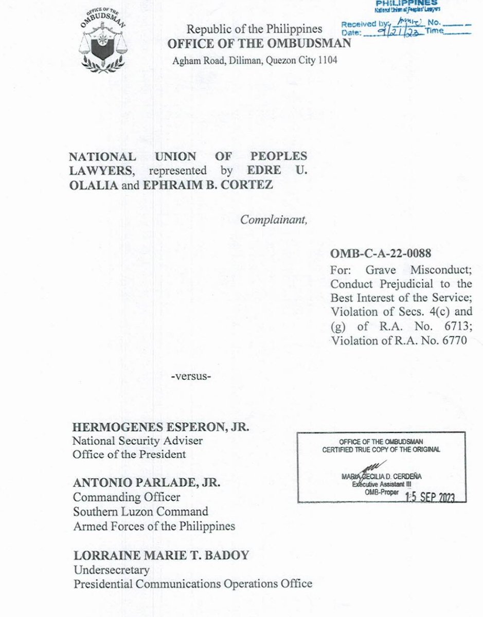 jairojourno's tweet photo. JUST IN. The Ombudsman finds ex-NTF-ELCAC officials Lorraine Badoy and Antonio Parlade, Jr. guilty of conduct prejudicial to the best interest of the service. 

The complaint was filed by the National Union of Peoples' Lawyers. @rapplerdotcom https://t.co/of067scD7p