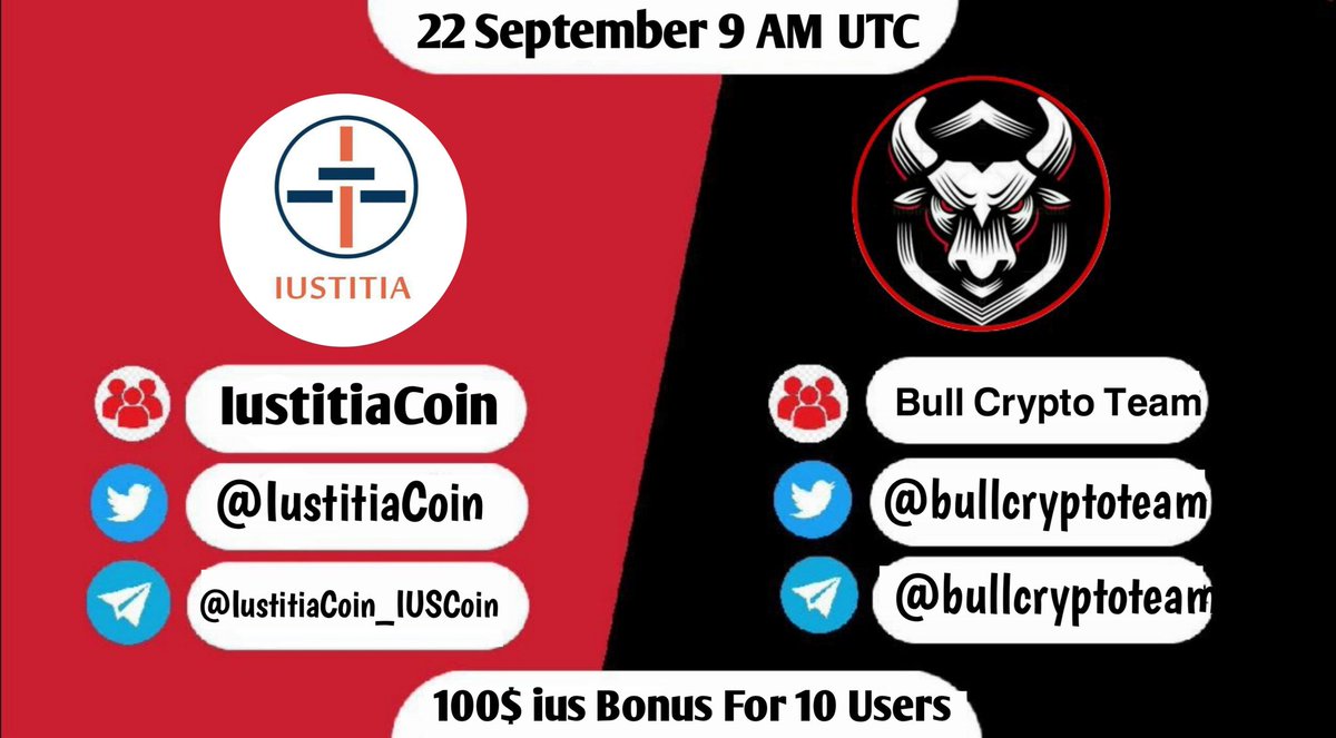Tashen ll Boss Of Bull Crypto Team (@tashen_bull) on Twitter photo Bull Crypto Team will host #TextAMA with IustitiaCoin 22 September 9 AMUTC
🎁 Reward pool :100$
🏠 Venue TG:t.me/BullCryptoTeam…
Rules
1️⃣.Follow: @BullCryptoTeamb
2️⃣.Follow <a href="/IustitiaCoin/">Iustitia Coin</a>
3️⃣. Like, Retweet, send your best question Bull Crypto Team will host #TextAMA with IustitiaCoin 22 September 9 AMUTC
🎁 Reward pool :100$
🏠 Venue TG:t.me/BullCryptoTeam…
Rules
1️⃣.Follow: @BullCryptoTeamb
2️⃣.Follow <a href="/IustitiaCoin/">Iustitia Coin</a>
3️⃣. Like, Retweet, send your best question