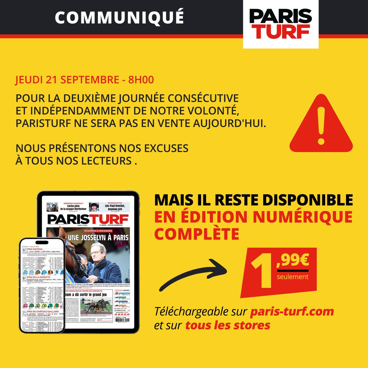 Paris_Turf's tweet photo. ParisTurf ne sera pas en vente aujourd’hui indépendamment de notre volonté ❌ https://t.co/NcYZlpYlLt