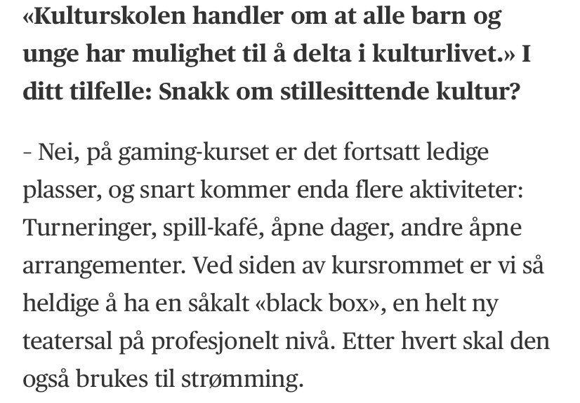 Fleksnes's tweet photo. Aftenposten intervjuer gaming-læreren på Oslo kulturskole. Gaming er tydeligvis stillesittende kultur. I motsetning til kino-, teater- og litteraturopplevelser da? https://t.co/6fmrDpJ7Wi