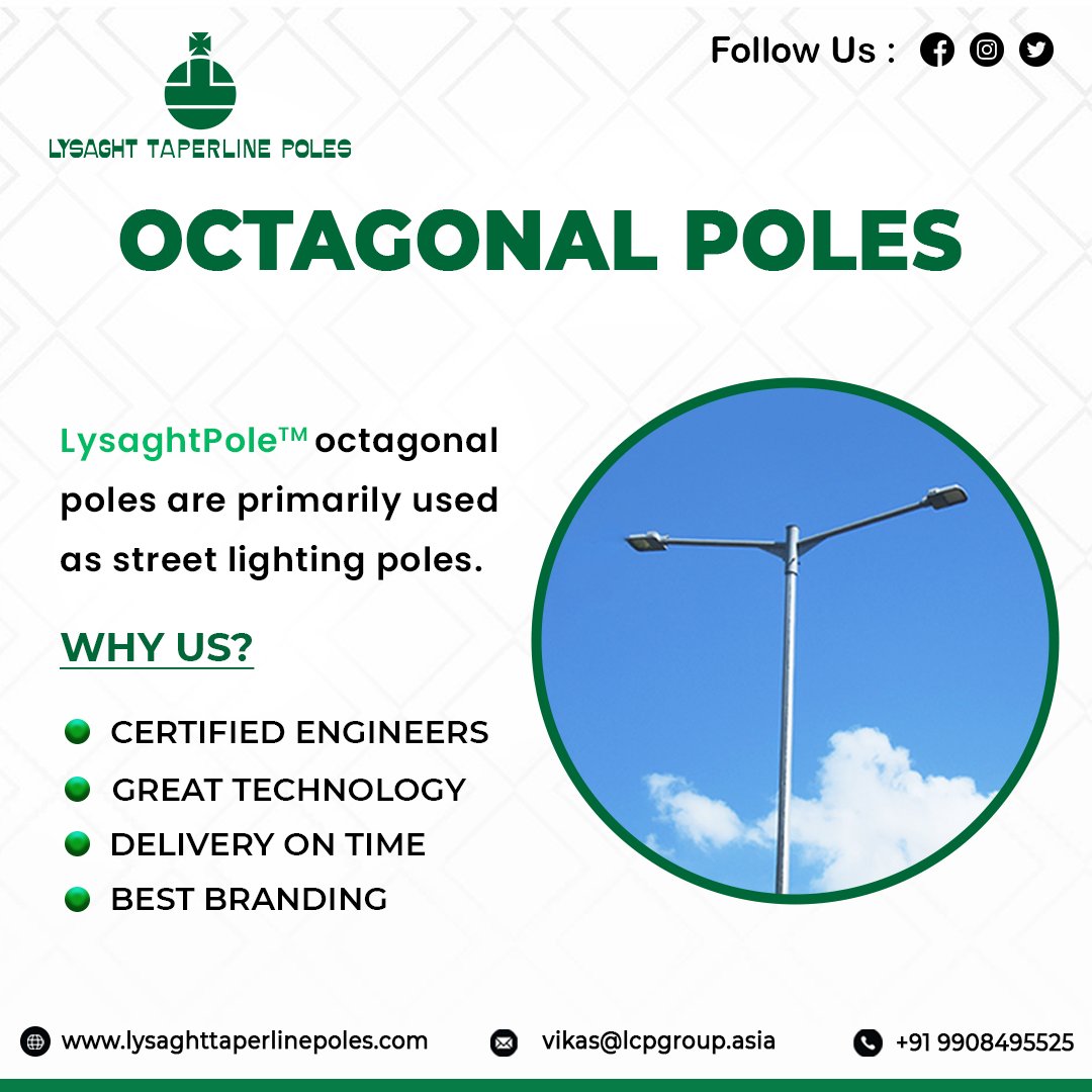 ltpindiaasia's tweet image. LTP Octagonal Poles are crafted from top-notch steel and showcase a distinctive octagonal design. Primarily used as street lighting poles and in other public spaces, our poles offer a range of choices for colours.
Website: lysaghttaperlinepoles.com
#octagonalpoles #lightpole