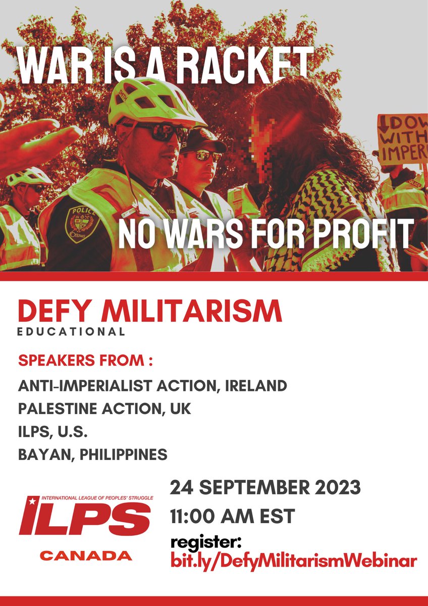 Join us and @ILPS_CANADA as we host speakers from other regions talking to us about their struggle against militarism and exploitation. We will talk about how the ruling class is suppressing movements for genuine and lasting peace.