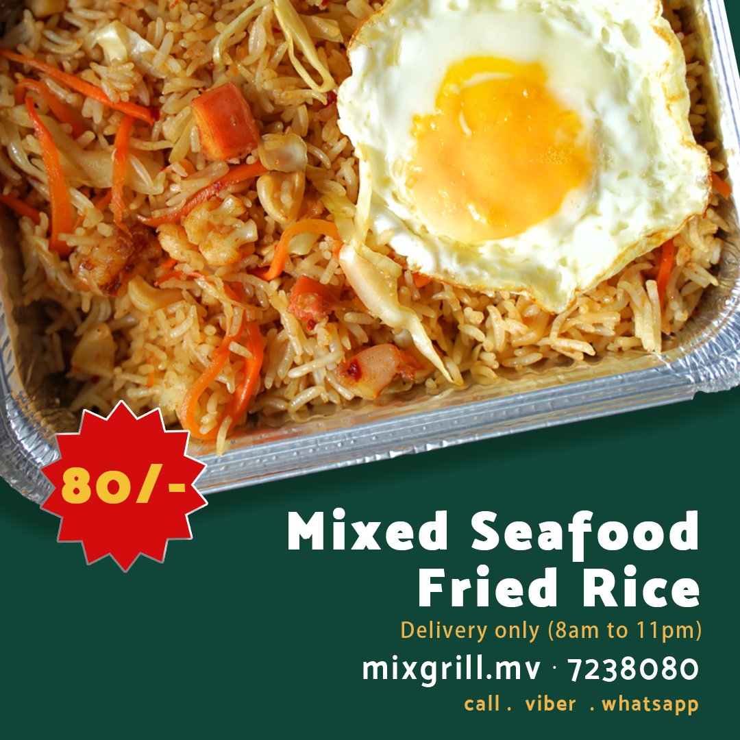 olloflamesmv's tweet photo. Our Mixed Seafood Fried Rice is a seafood lover's dream. Packed with shrimp, squid, & more, it's a taste of the ocean in every bite! Full Menu: https://t.co/uk5GHjUn9G

Discover our tempting FRIED RICE selection:
🍛 Chicken Fried Rice MVR 70
🍛 Beef Fried Rice MVR 80
🍛 Tuna Fried Rice MVR 70
🍛 Nasi Goereng MVR 70
🍛 Mixed Seafood Fried Rice MVR 80
🍛 Valhomas Fried Rice MVR 70
🍛 Octopus Fried Rice MVR 80
🍛 Dragon Rice MVR 90

📞 Dial now to ORDER - 7238080 🔥🍽️