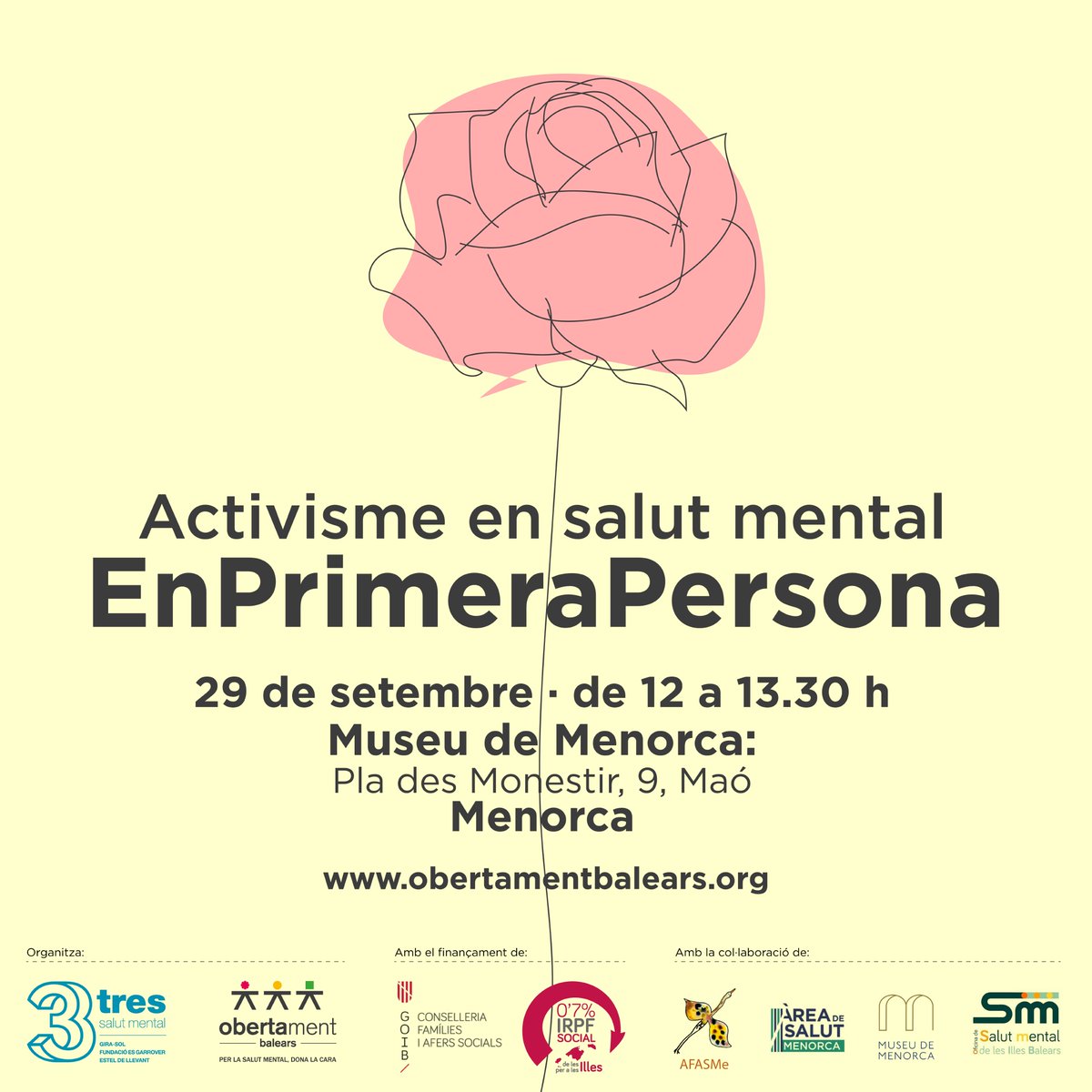 Si vius a Menorca i vols conèixer millor el programa #ObertamentBalears, t'esperam el dia 29 al Museu de Menorca!
#NoEstigma #SalutMental #EnPrimeraPersona @GOIB_Social #IRPFsocial #AFASMe @OSMIB_IBSalut