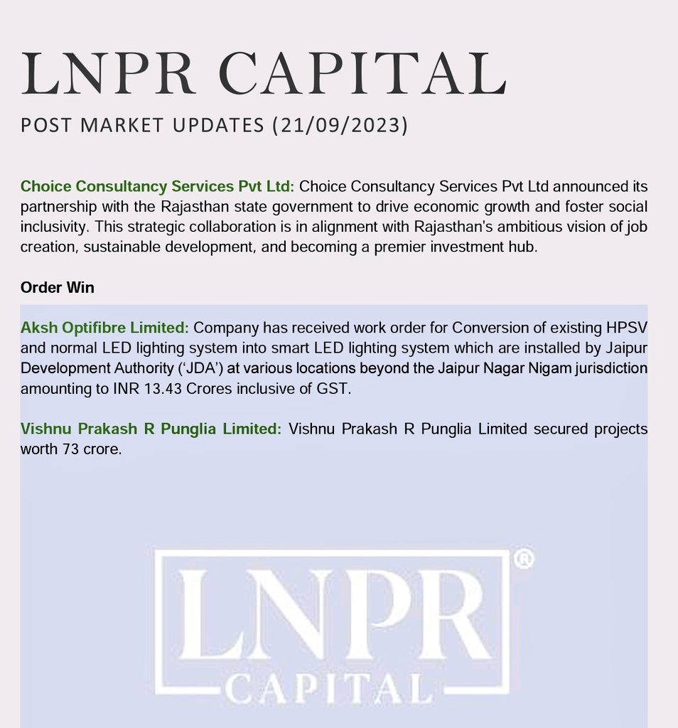 LnprCapital's tweet photo. Post Market Updates by LNPR
(21/09/23)

#LNPRPostMarketUpdates
#LNPRCapital https://t.co/y7uwQfYyf6
