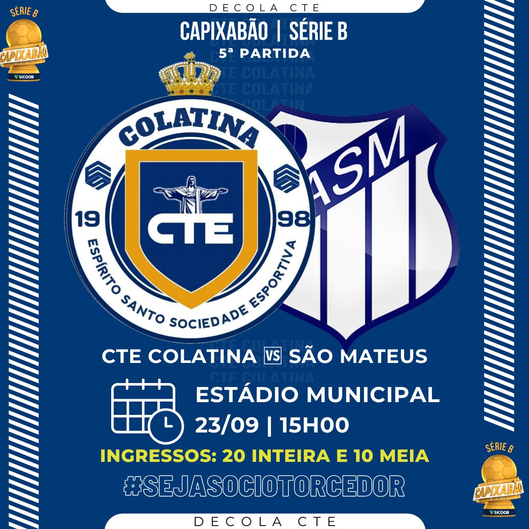 ctecolatina's tweet photo. 🗣 Sábado é em casa!

⚽ CTE Colatina 🆚 São Mateus
🏆 Capixabão | Série B 
📊 Chave Centro-Norte 
🏟️ Estádio Municipal 
📍 Colatina-ES 
📅 23/09
🕞 15h00

#serieb #ctecolatina #futebolacapixaba https://t.co/vHDqXdLFTM