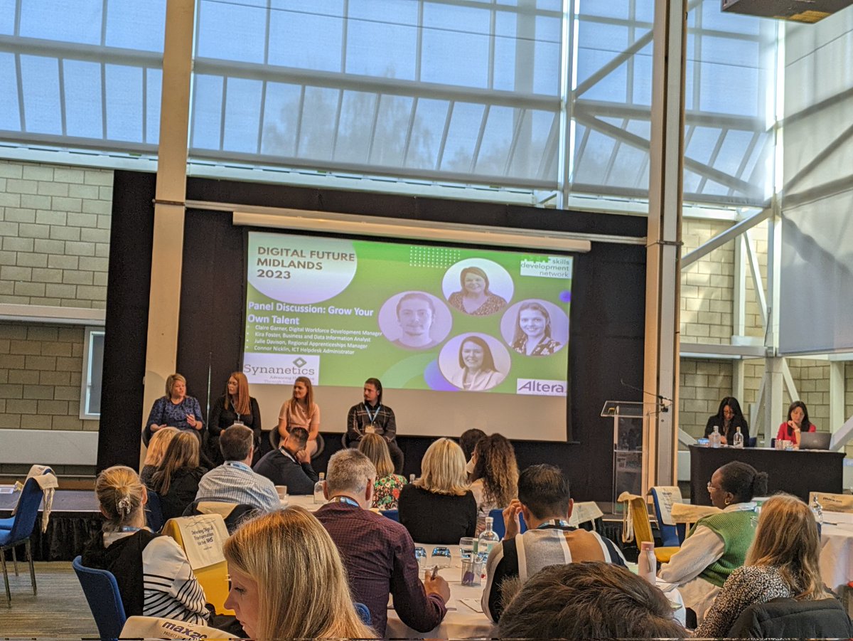 Claire, Julie, Kira and Connor (left to right) sharing their experience of growing talent/being the talent including #apprenticeship #degreeapprenticeship "... having a good team/mentor around the apprentice was very important" 
#digitalfuturemidlands2023