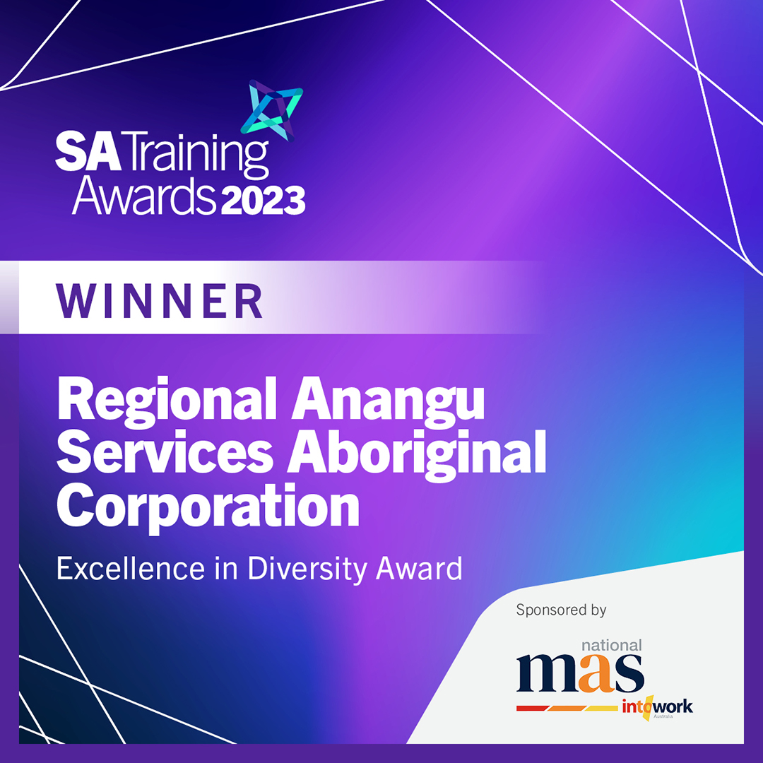 Congratulations to Regional Anangu Services Aboriginal Corporation – winner of the 2023 SA Training Awards Excellence in Diversity category! 🏆

Sponsored by Mas National

#SATrainingAwards