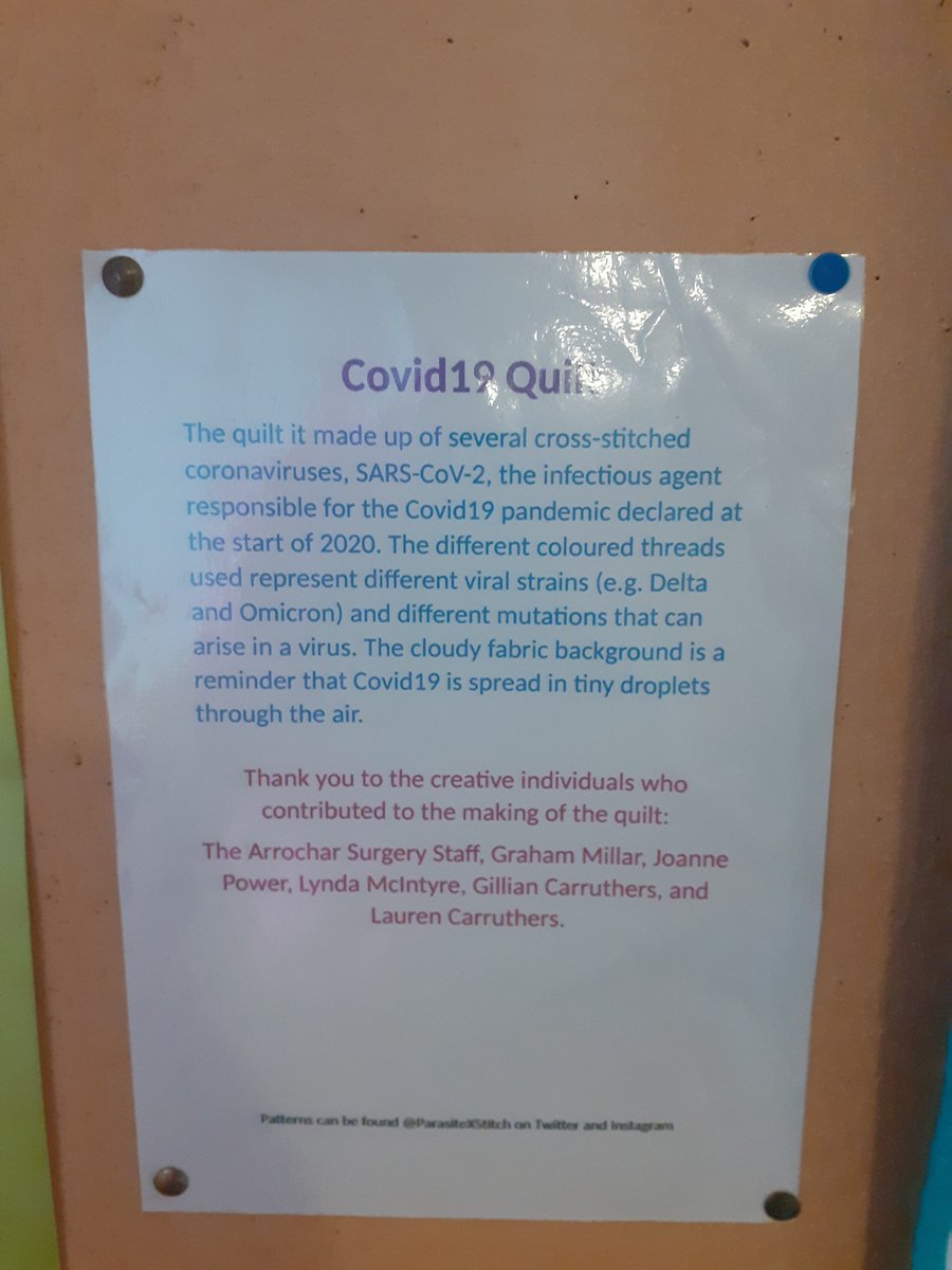 "Arrochar surgery staff took part in the Covid 19 Quilt project. The Quilt is now on display at the surgery for patients to view &amp; a little information about the project. We had a lot of fun participating in this project and are very impressed with the outcome."
