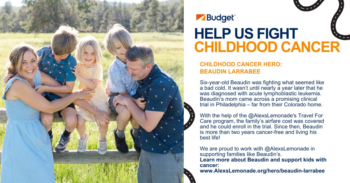 Childhood cancer is scary. That is why we are proud to work with @AlexsLemonade in supporting families like Beaudin’s by donating 5% when you reserve a car here: budget.com/en/offers/part… Join us and get involved at AlexsLemonade.org#GoGold