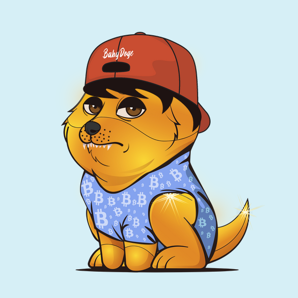 A baby doge NFT with gold fur and an overbite mouth wears a bitcoin shirt and a red hat on a blue pastel background. Its punk bored eyes suggest it's a rebel pup, always looking for adventure.