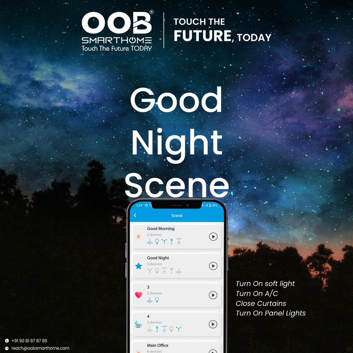 OobSmartHome's tweet photo. Good Night Scene
✅ Turn on Soft light
✅ Turn on A/c
✅ Close Curtains
✅ Turn on Panel Lights
.
for quick inquiry call on: +91 9081 8787 89
.
.
#oobsmarthome #connectedhome #smarttechnology #innovation #luxuryhomes #smarthomesystem #homeautomation #touchswitch #TouchSwitches https://t.co/CcFdG6EW1w