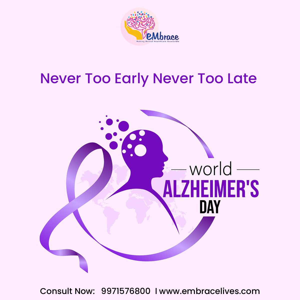 On this World Alzheimer's Day, we're reminded that it's never too early to care and never too late to make a change. 💜

Let's stand united against Alzheimer's. 🌼💙 

#ENDALZ  #NeverTooEarlyNeverTooLate #worldalzheimersday #mentalhealththerapy #eMbracelives #delhi