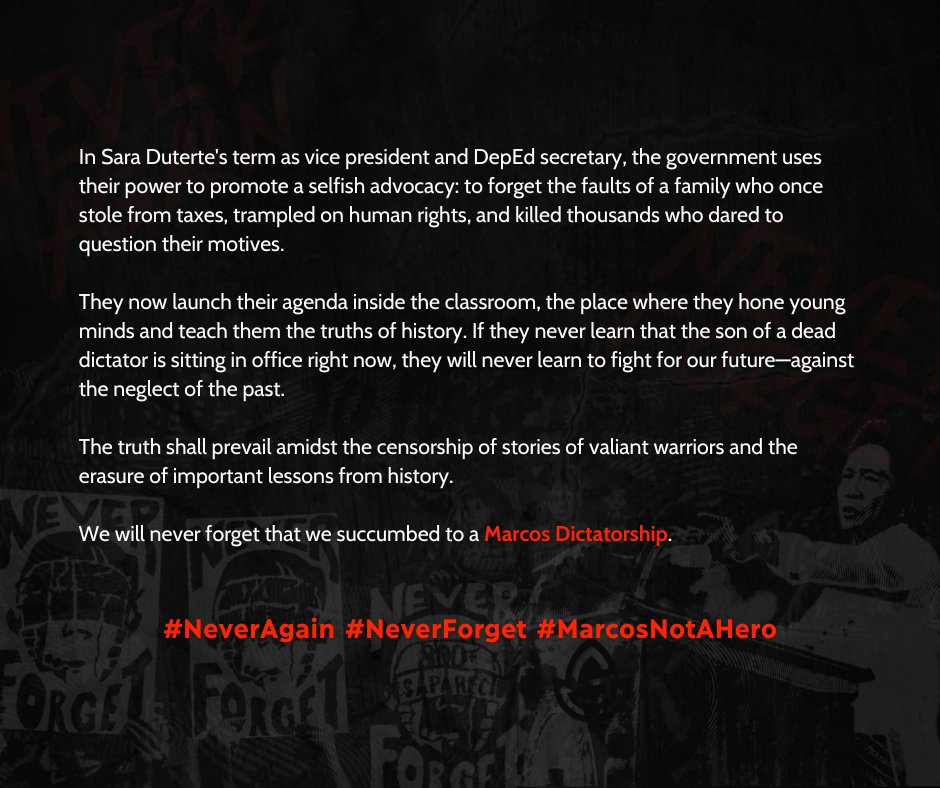 scischo's tweet photo. Fifty-one years after the declaration of Martial Law, The Science Scholar, with @AngLagablab @pisaysc and @aksis_pisay, condemns the blatant distortion of truth and erasure of the Marcos surname from the darkest times of our history.

#NeverForget #NeverAgain #MarcosNotAHero https://t.co/wLmI12AWtd