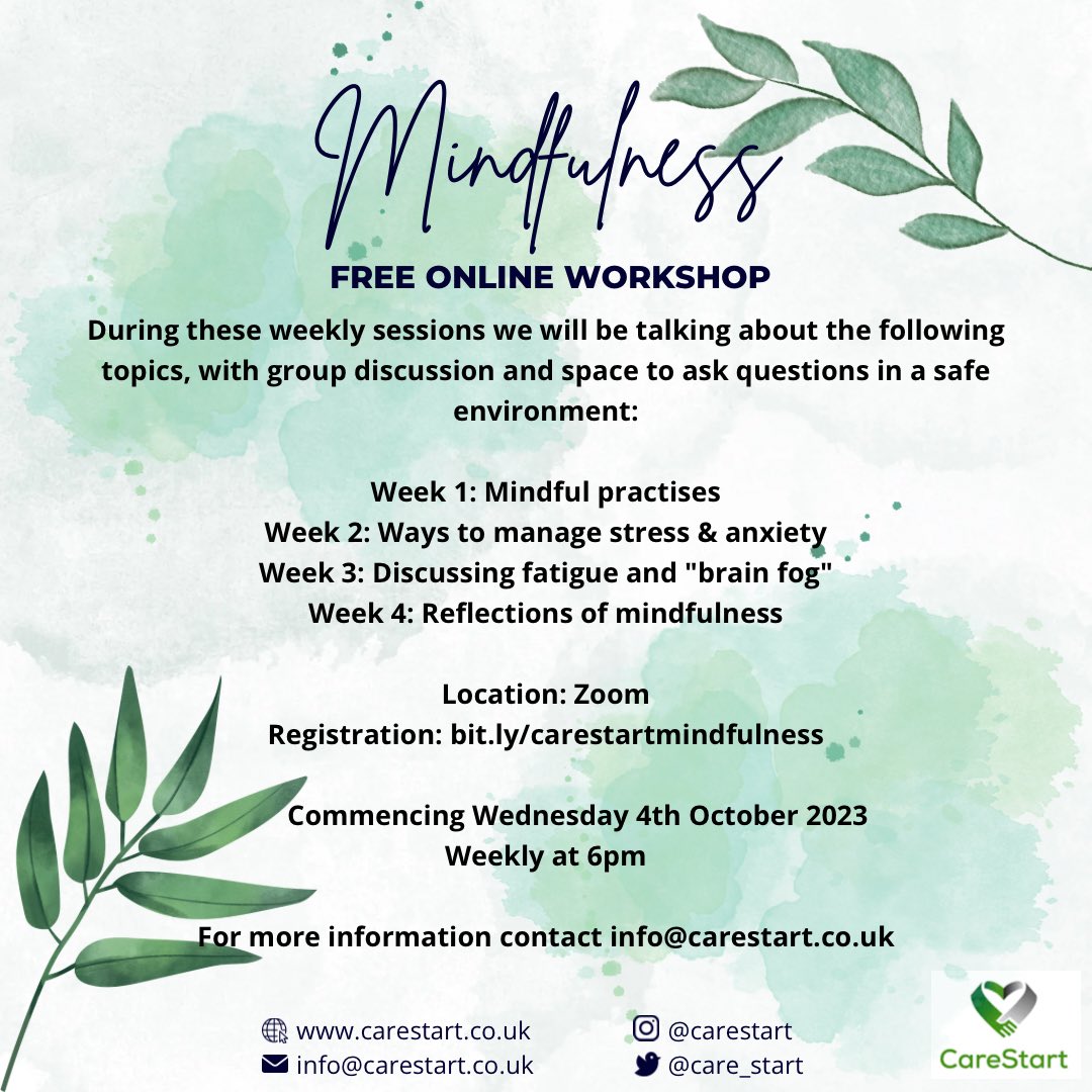 care_start's tweet photo. Join us for a 4 week workshop led by our very own community engagement lead, Nida Mahfooz, who has a background in Psychology and Clinical Cognitive Neuroscience. 

Register: https://t.co/o6ClnXz2PX https://t.co/SaWjKEDcSE