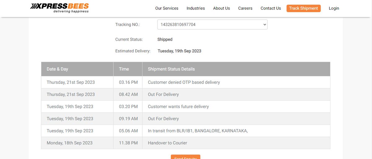 anandrp14's tweet image. @XpressBees_IN  Delivery of item with AWB No: 143263810697704 is showing "Customer denied OTP delivery". On 19th September, it was "customer wants future delivery". How the hell can delivery personnel decide all this for themselves? I have not received a single call or msg.