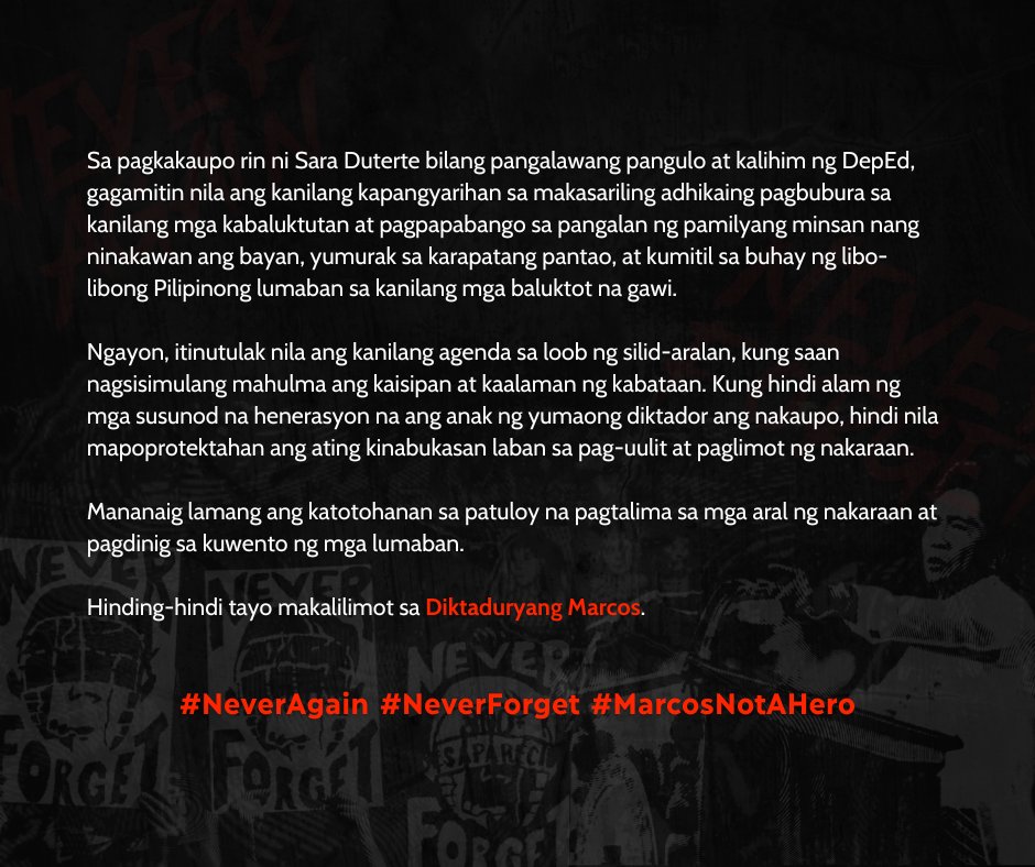 AngLagablab's tweet photo. Sa ika-51 taong paggunita sa deklarasyon ng Batas Militar, kinokondena ng Ang Lagablab, @pisaysc, @scischo, at @aksis_pisay ang lantarang pagbaluktot ng katotohanan at pagbura ng mga Marcos sa pinakamadilim na yugto ng kasaysayan.

#NeverForget #NeverAgain #MarcosNotAHero https://t.co/sWjbnH9mZn