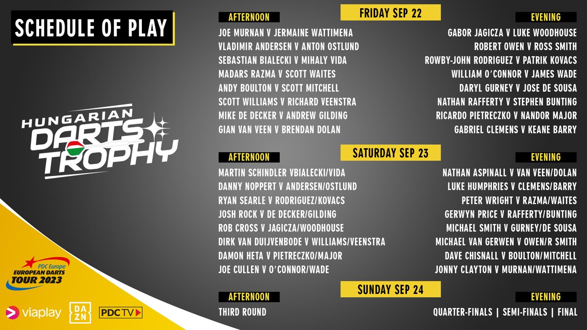 Hungarian Darts Trophy draw! 🇭🇺

The draw and schedule for this weekend’s European Tour event have been confirmed confirmed.

➡️ bit.ly/HDT23Schedule