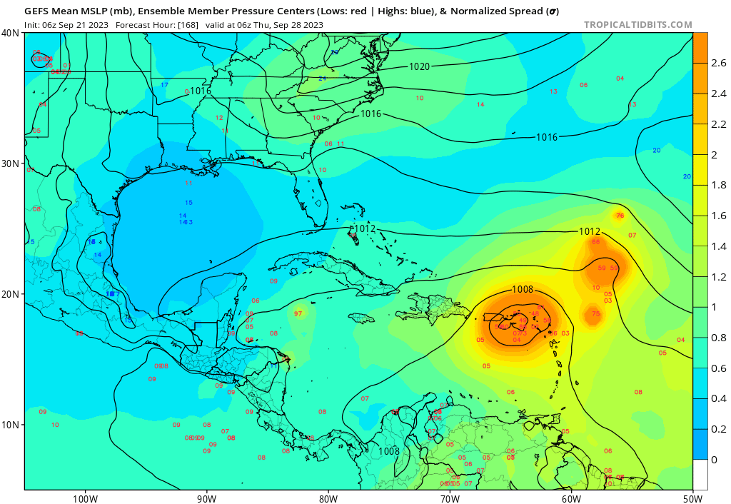 AndyHazelton's tweet photo. Still a huge ensemble difference for that MDR wave. The main cluster of GEFS shows a very threatening track into the NE Caribbean islands, while the EPS is mostly well to the NE with just a few southern outliers. Lots to resolve here over the next several days. https://t.co/0n33z2ZQTT