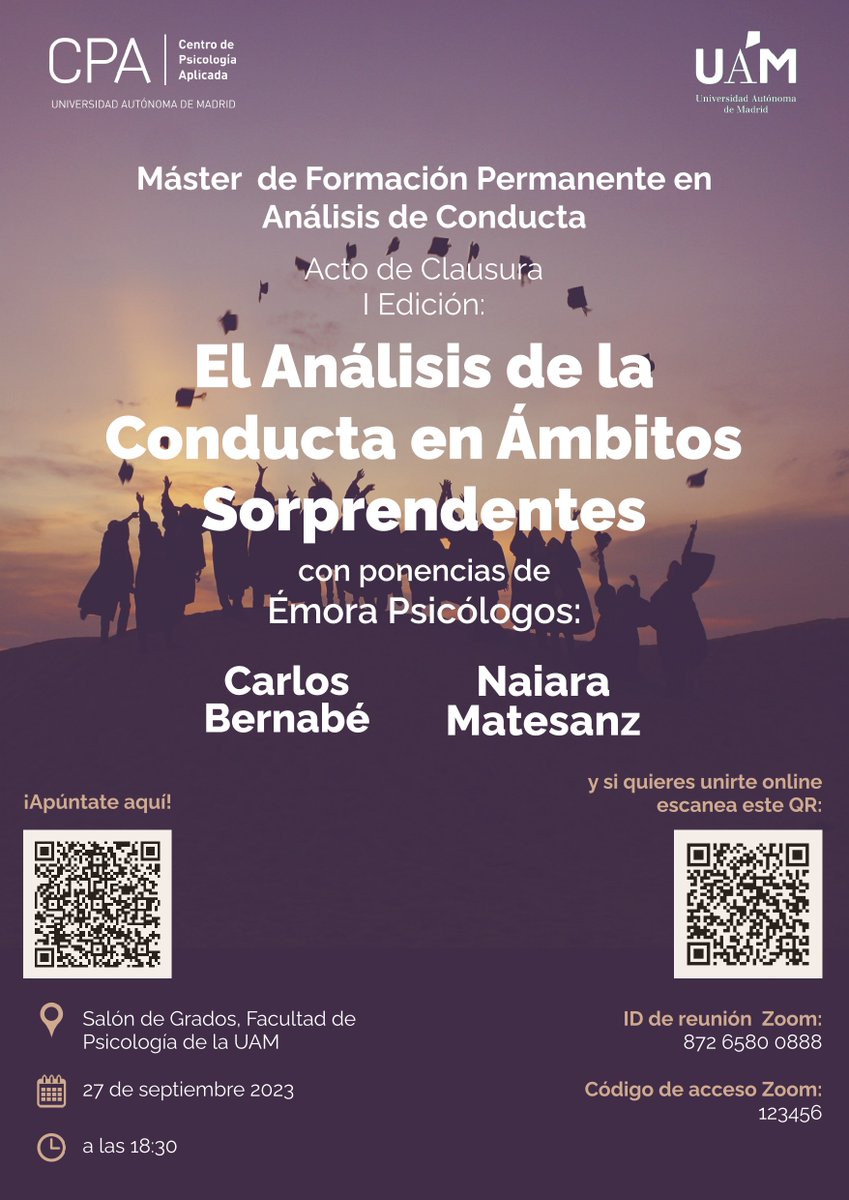 📡📡El próximo miércoles 27 de septiembre realizaremos en nuestra facultad el acto de clausura de la I Edición del Máster en Análisis de la conducta con ponencias de @EmoraPsicologos 🧠✍️🤩. ¡La entrada es gratuita! ¿Te lo vas a perder? 
Inscríbete aquí
docs.google.com/forms/d/e/1FAI…