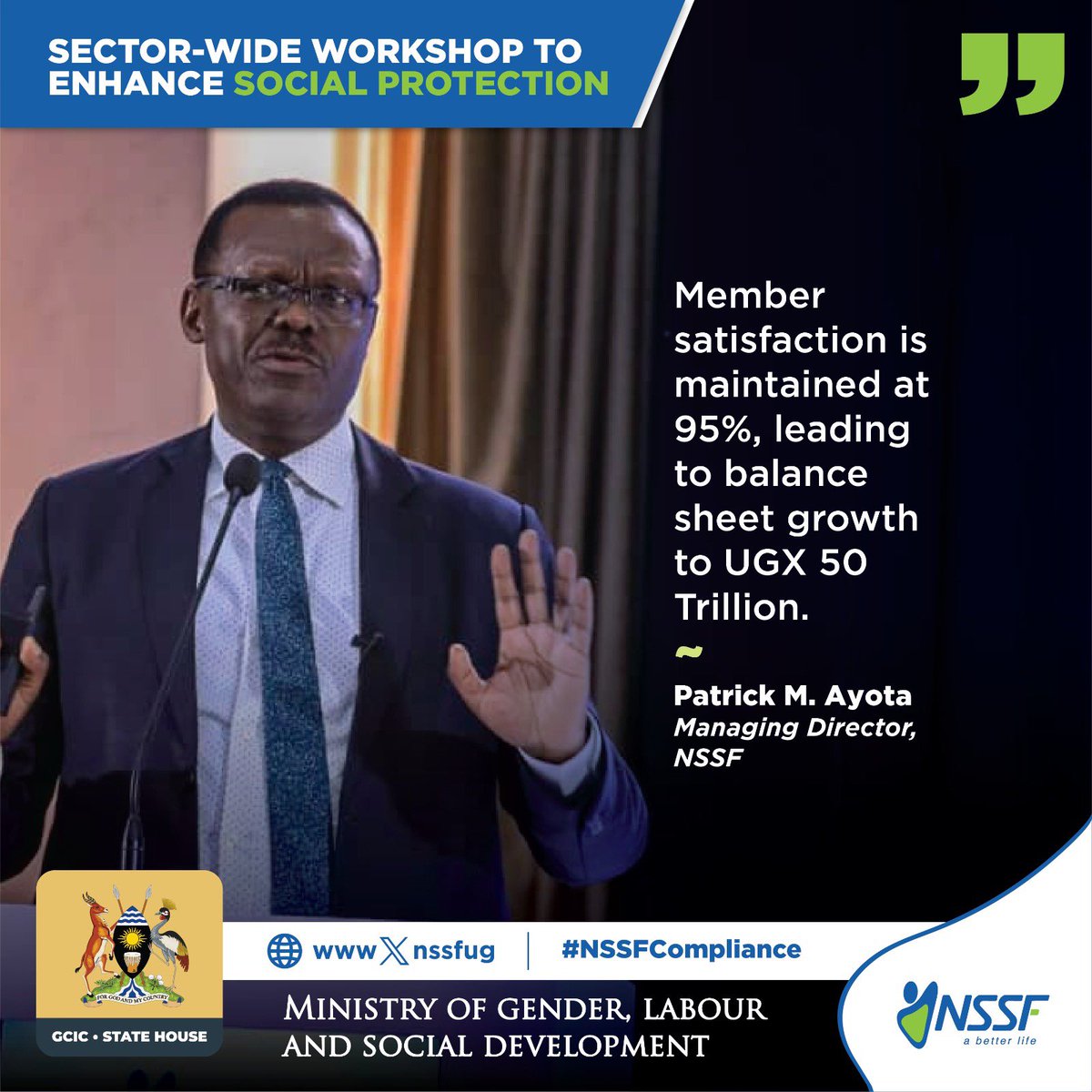 AtwookiCarol's tweet photo. Member satisfaction is maintained at 95%, leading to balance sheet growth to UGX 50 trillion.
#NSSFCompliance https://t.co/mUmMKs4lNr