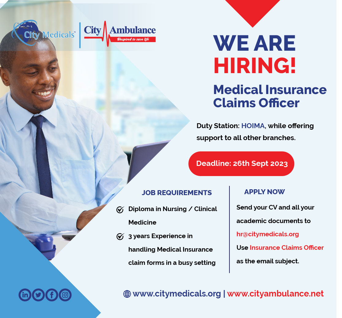 We are looking for a qualified and competent Medical Insurance Claims Officer to work with Us. 

Apply Now: Send Your CV &  Academics to hr@citymedicals.org

Deadline: 26th September 2023

#medicaljobs#claimsofficer#HiringNow
