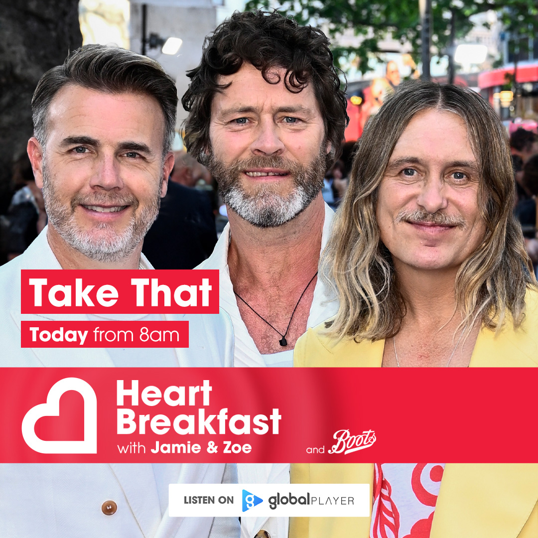 thisisheart's tweet photo. .@takethat are kick starting Friday with us on Heart Breakfast and they have a VERY big announcement to make 👀😱

Listen live on @GlobalPlayer 👉 https://t.co/Jix9QhIaks #TakeThat https://t.co/xBB4Mp37Nc