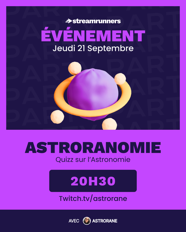 Rendez-vous ce soir, 20h30 pour un quiz sur l'astronomie 🪐Petit QCM, facile et fun dans la bonne ambiance en compagnie des copains de  <a href="/StreamRunners/">🚀 StreamRunners - Streamers' social network</a> 🎉🎁 Avec bien sûr des récompenses pour les participants 🎁
Twitch : twitch.tv/astrorane
 #Quiz #QCM #Astronomie #giftcode