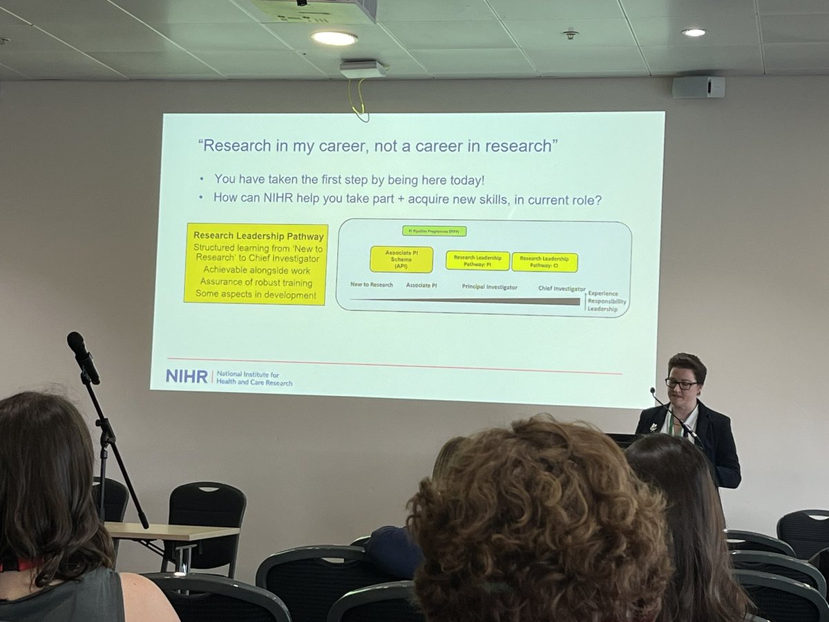 Lynsey Corless explaining the principles of the <a href="/NIHRresearch/">National Institute for Health and Care Research</a> #AssociatePIScheme and #ResearchLeadershipPathway at #NIHRN2R23 workshop on how to access research training in NHS service roles