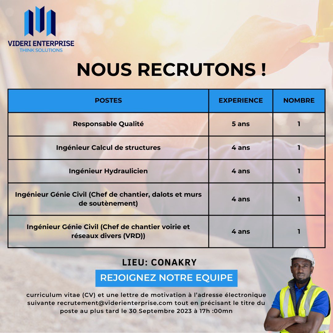 VideriEnt's tweet photo. AVIS DE RECRUTEMENT
Dans le cadre de l’exécution de ses activités de construction et du transport, VIDERI Enterprise cherche des personnes talentueuses, dynamiques pour rejoindre son équipe.
Plus de détails :
https://t.co/IsC4AoK1YL
#Recrutement #RejoignezNous #VideriEnterprise https://t.co/YJQtAlVmFX