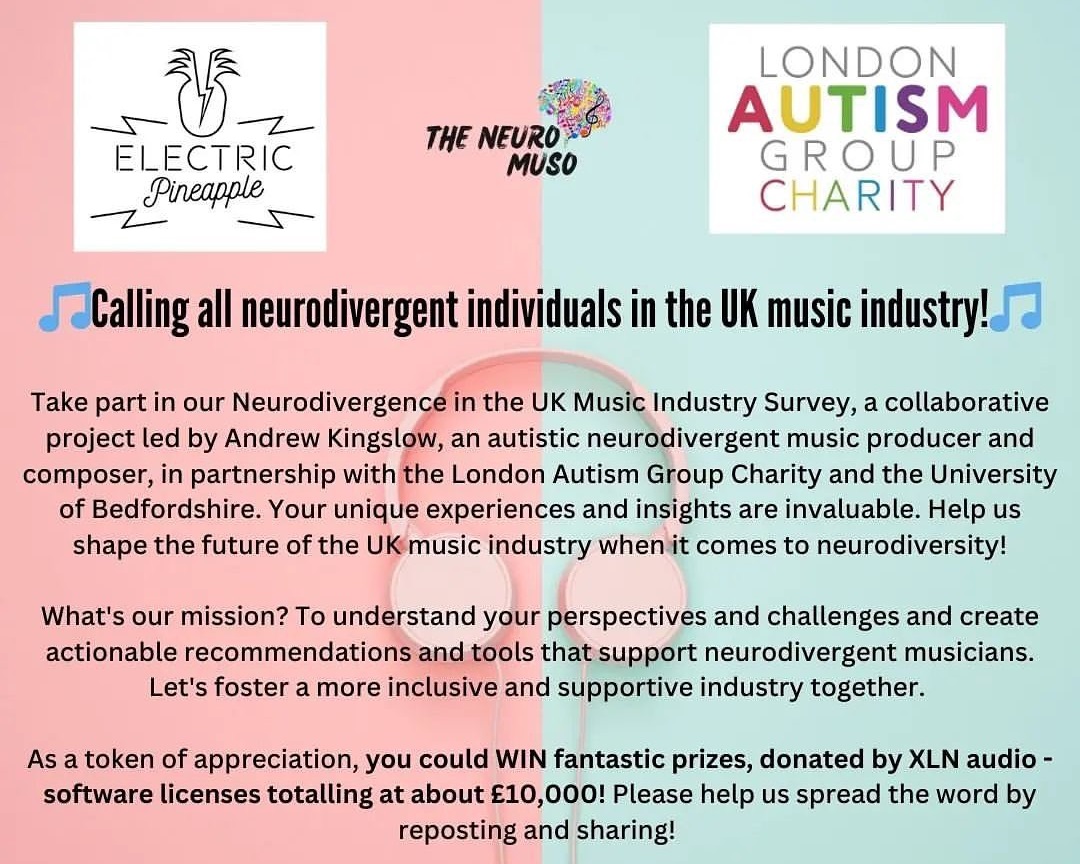 Delighted to announce this incredibly important study together with autistic music producer Andrew Kingslow of @ElecPineMedia, @lagcharity and @uniofbeds. If you are neurodivergent and involved in the UK music industry pls consider completing the survey: tinyurl.com/nd-musicians