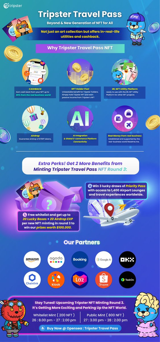 Tripster_live's tweet image. 🎉 Stay Tuned! 
Upcoming Tripster NFT Minting Round 3. 
It’s Getting More Exciting and Perking Up the NFT World. 

✈️ Tripster Travel Pass - Beyond &amp;amp; New Generation of NFT for All. 
Not just an art collection but offers in-real-life utilities and cashback.

👉 How to get your…