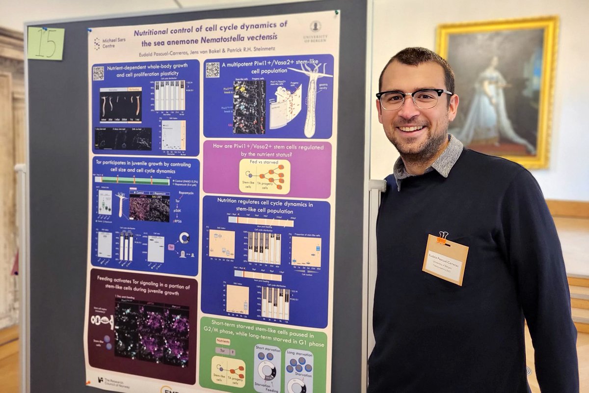 MSarsCentre's tweet photo. So incredibly proud of @eudald_pascual from @PRHSteinmetz Group for winning best poster shared with Antonia Grausgruber from @UniVienna at the biannual workshop on basal metazoans in Tutzing, Germany. 👏  
📸 @KTGarschall 
#BasalMetazoanWorkshop @UiB https://t.co/6ZqS4ZauAU