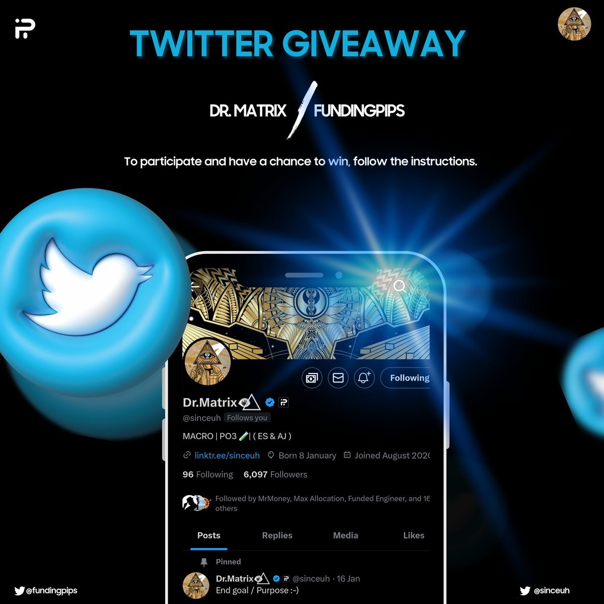 sinceuh's tweet photo. 3 x 10k Challenge Giveaway

Follow instructions &amp; drop proof in the comments 

1. Follow @fundingpips , @Khldfx , @sinceuh 
2. Like and retweet this post 
3. Join discord: https://t.co/xQy1FlVEzG

Winner announcement in the next 48 Hours! Best of luck participants 🫶🏼 https://t.co/6j4a94MBRn
