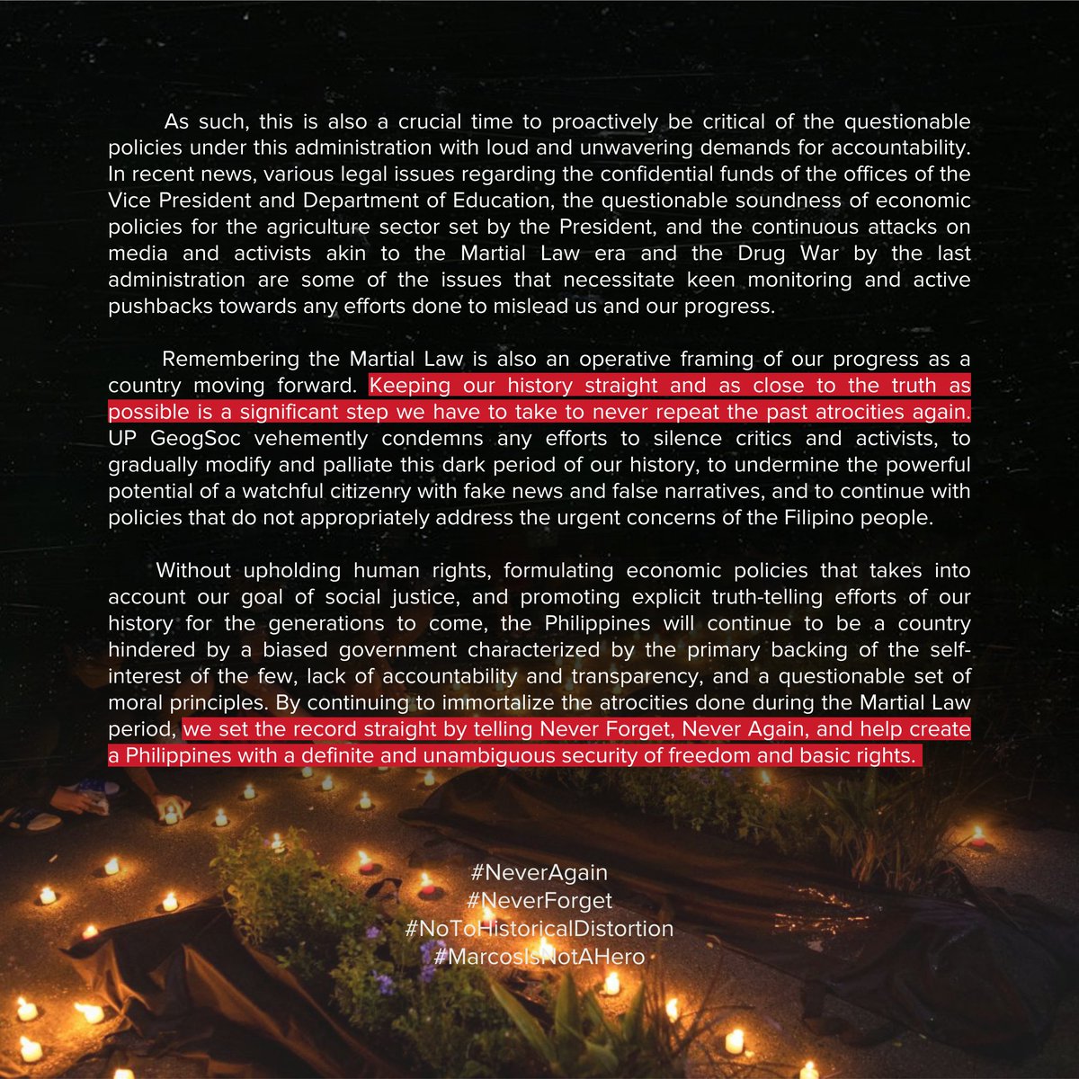 GeogSocUP's tweet photo. [STATEMENT ON REMEMBERING THE DECLARATION OF MARTIAL LAW]

#NeverAgain 
#NeverForget 
#NoToHistoricalDistortion   
#MarcosIsNotAHero https://t.co/jW7mLANSwP