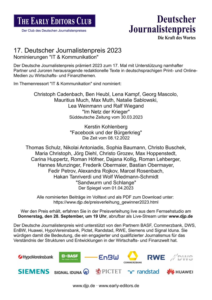djpderclub's tweet image. 17. DEUTSCHER JOURNALISTENPREIS 2023
#djp #djp2023  

Nominiert im Ressort &quot;#IT &amp;amp; #Kommunikation&quot; (4): 

Fedir Petrov @theodorrepetrov 
Alexandra Rojkov @aRojki 
@MarcelRosenbach 
Hakan Tanriverdi 
Wolf Wiedmann-Schmidt @schmidtwolf 

djp.de/preisverleihun…