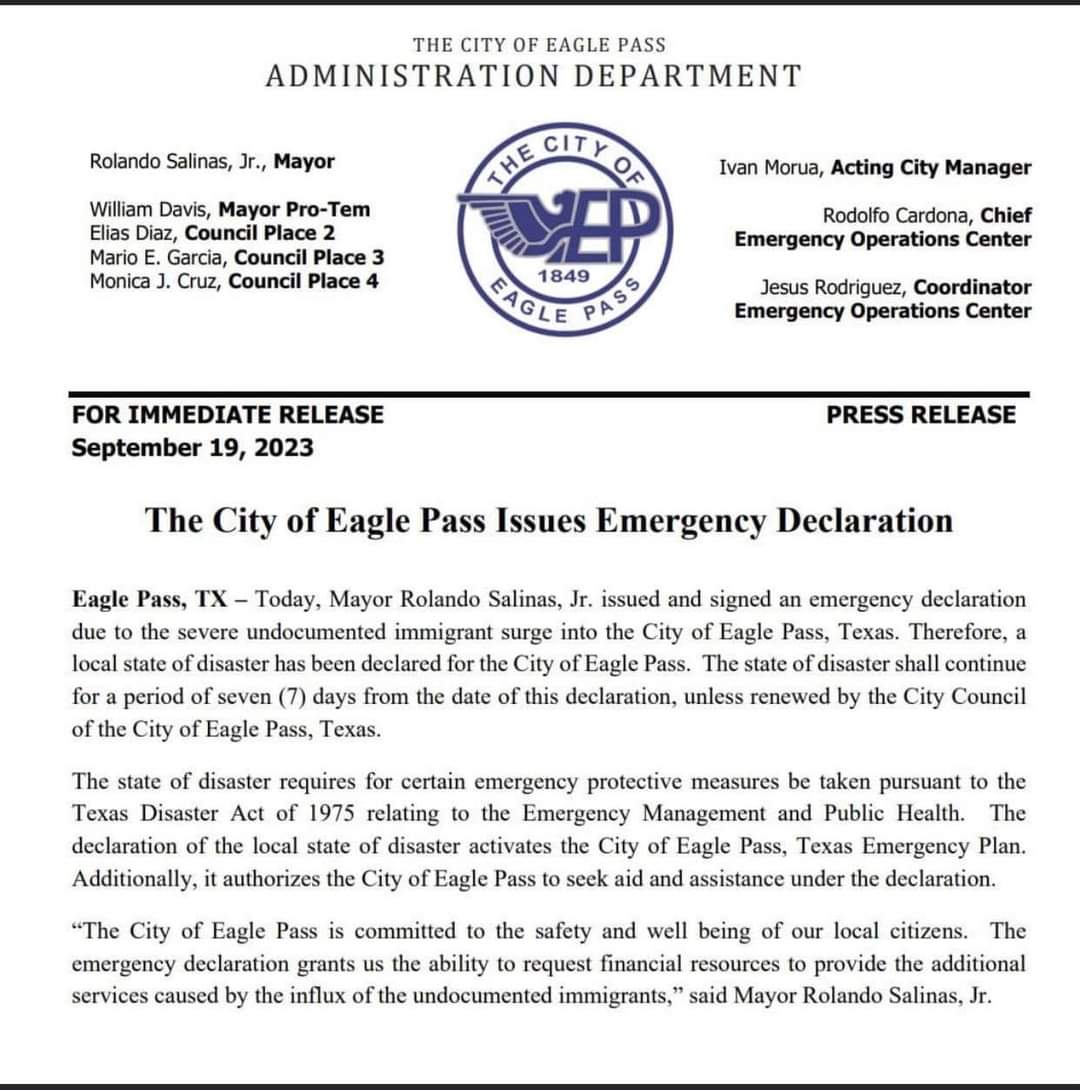 BREAKING- Eagle Pass declares Emergency over illegal alien surge