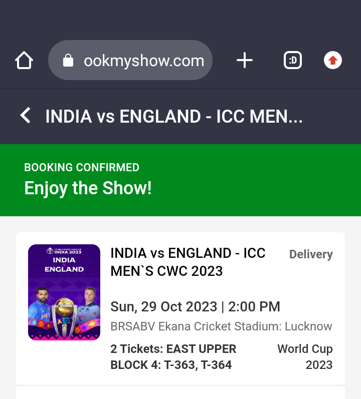 shruti_shelly's tweet photo. I have two tickets of ICC WORLD CUP 2023 IND VS ENGLAND EKANA STADIUM LUCKNOW MATCH. Seat with no. is mentioned in the image. The physical ticket will be delivered to Prayagraj prior 2 weeks of the match which Will be conducted on 29th oct at 2:00 PM. 
#ICC #CWC23 https://t.co/RjMlPrxEKq