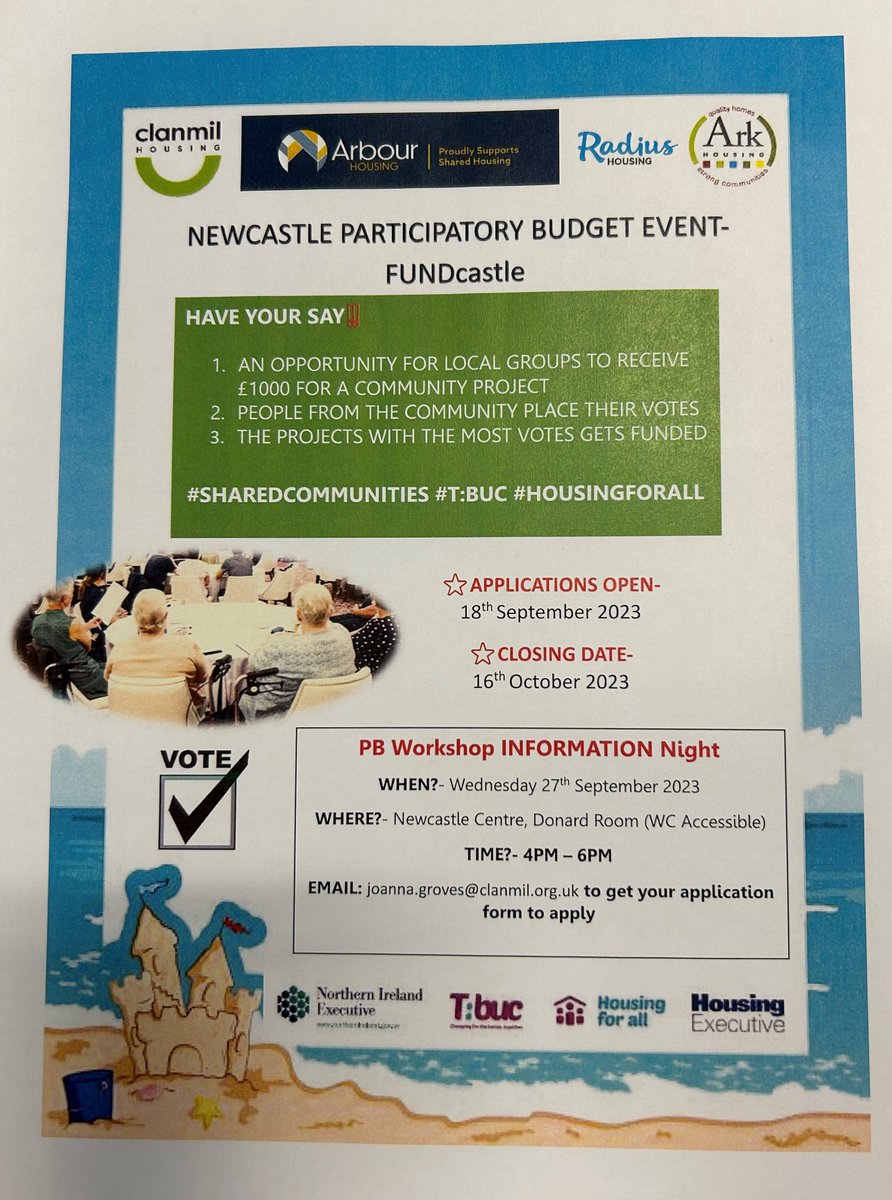 Applications for the Newcastle PB Event 'FUNDcastle' are open! See the flyer below for more details.
Get applying for the chance to be entered to win £1k for your community project!

@ClanmilHousing @arkhousing @RadiusHousing @nihecommunity #HousingforAll #SharedCommunities #TBUC