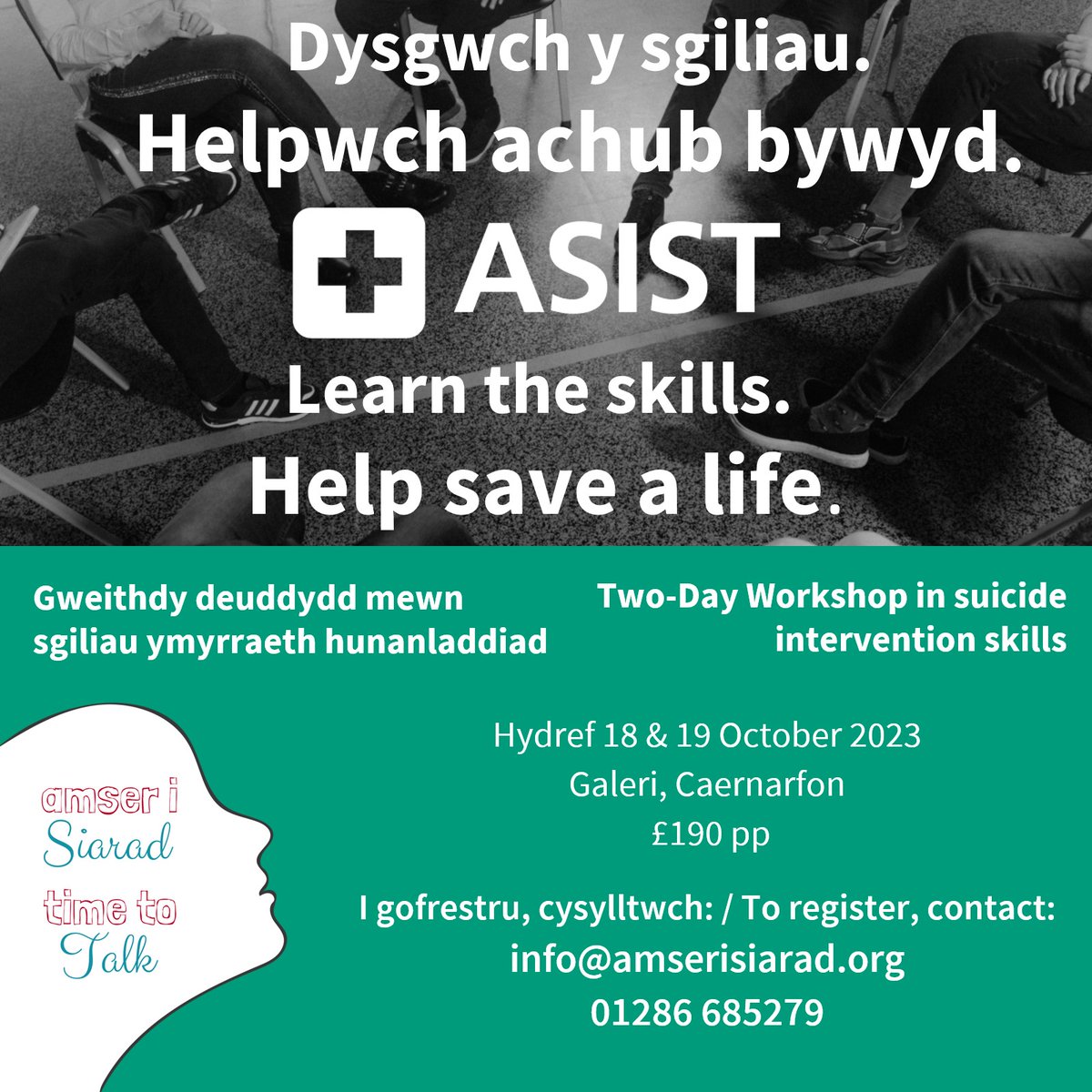 amserisiarad's tweet photo. Mae modd atal hunanladdiad. Gall unrhyw un wneud gwahaniaeth.
Suicide is preventable. Anyone can make a difference.

*Gweithdy deuddydd mewn sgiliau ymyrraeth hunanladdiad.
*Two day workshop in suicide intervention skills.

info@amserisiarad.org
01286 685 279 https://t.co/GcqmSUx5G9