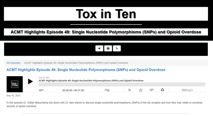 MountSinaiEM's tweet photo. #EDTeam @ManiniAlex, Professor of Emergency Medicine at Mount Sinai spoke on the @acmtmedtox podcast @ToxInTen about Single Nucleotide Polymorphisms and Opioid Overdose.
Listen to the podcast: https://t.co/8byxdVap85
#EMResearch https://t.co/1UkmOs3x1Z