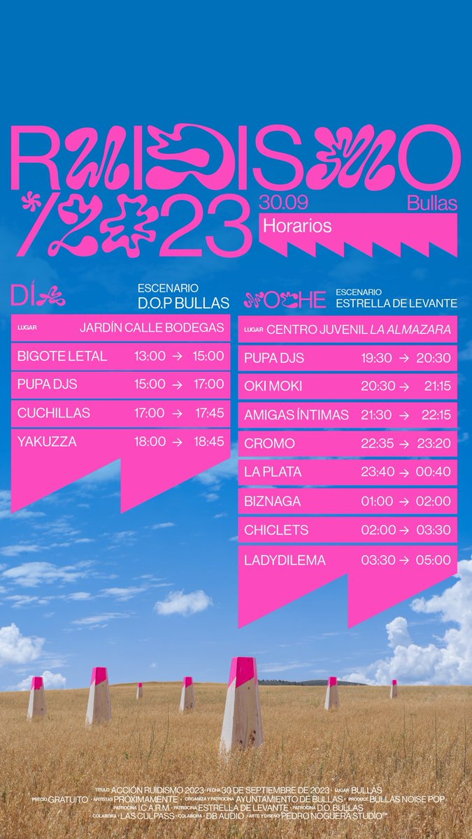 ¡Buenos días! Aquí los horarios de #Ruidismo2023. Ya podéis organizaros como queráis/podáis,  pero nos vemos en #Bullas el sábado 30 de septiembre.