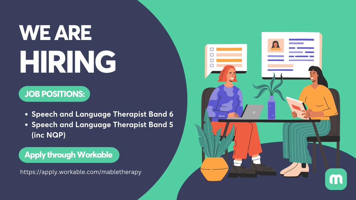 Calling all Speech and Language Therapists! 
Join forces with our mental health experts and software developers to positively impact the lives of children. #mentalhealth #tech #Leeds #positivity
💥Based in Leeds
💥Hybrid working 
💥Great benefits 
apply.workable.com/mabletherapy/
