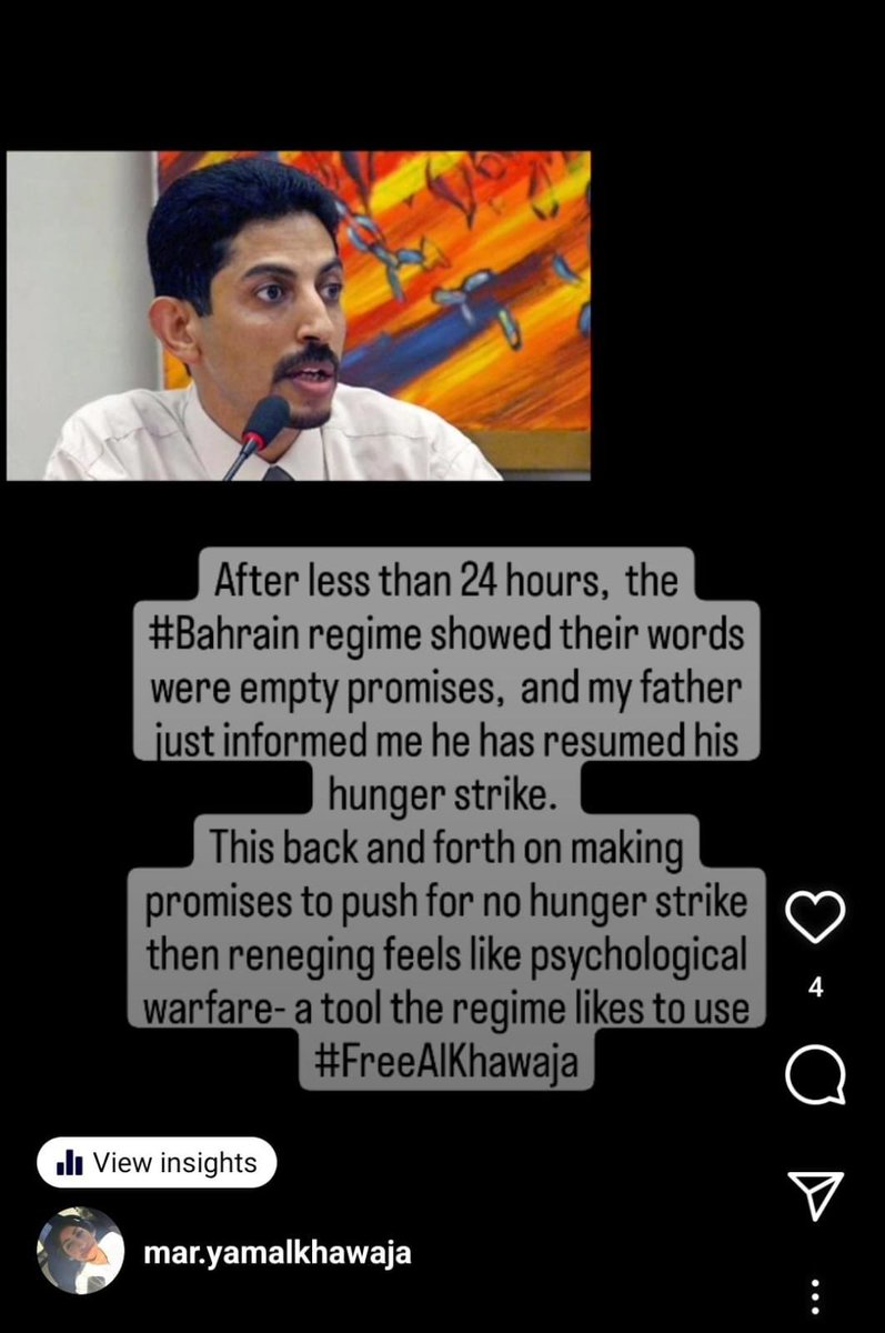 At this point it just feels like psychological warfare, and an attempt to kill #solidarity, by the #Bahrain regime: my father has resumed his #hungerstrike. 
#FreeAlKhawaja #DKPol