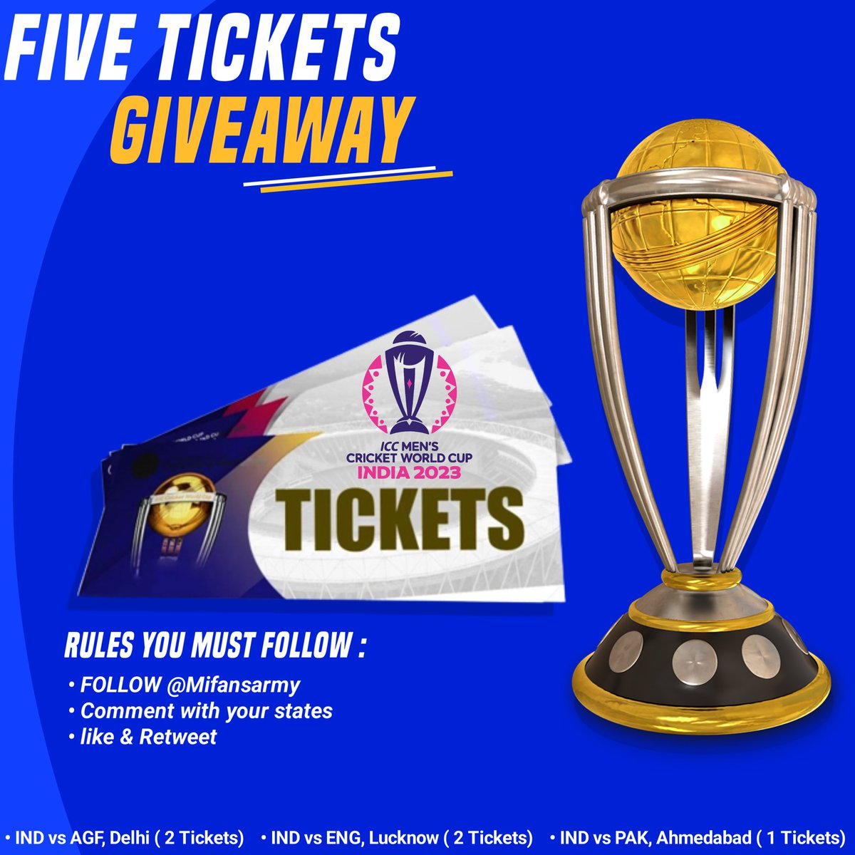 Five #WorldCup2023 Tickets Giveaway !! 
- Reply #BleedBlue in the comment box for a chance to win.

Rule To Receive the Tickets🎟!! 

1- Like This Tweet
2- Retweet This Tweet
3- You Should Must Follow <a href="/MIFansArmy/">MI Fans Army™</a>