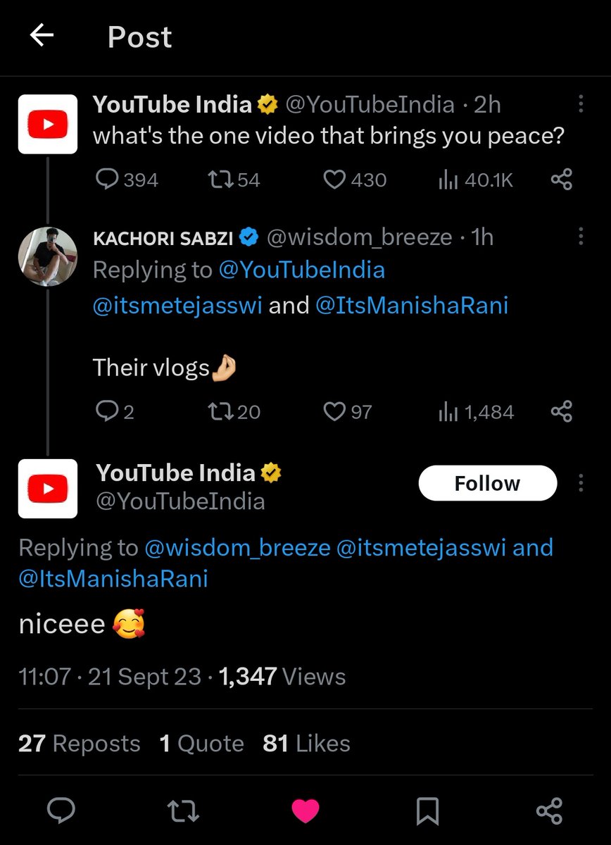 wisdom_breeze's tweet photo. Go and congratulate youtubeIndia. 

As he got a reply from me 🥱

#ManishaRani #NazarNaLage https://t.co/TGn7IcQVfA